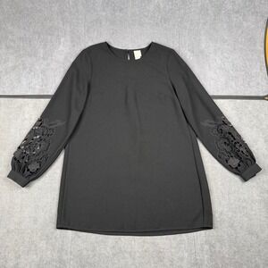 HM Black Floral Eyelet Cutout Sleeve Tunic y2k Top Blouse US 4 Sleeve Pleated